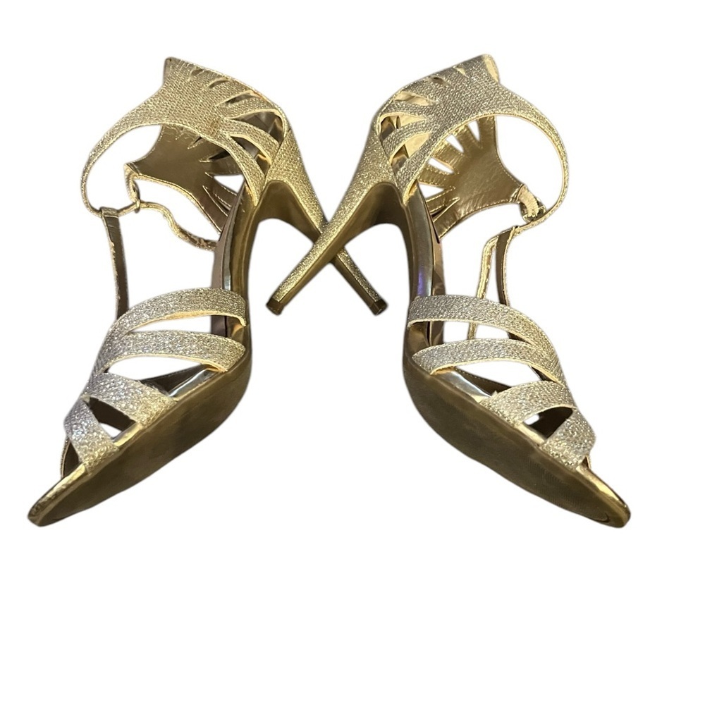 Betsey Johnson Gold Glitter T-Strap Open-Toe Stiletto Heels - Picture 11 of 14
